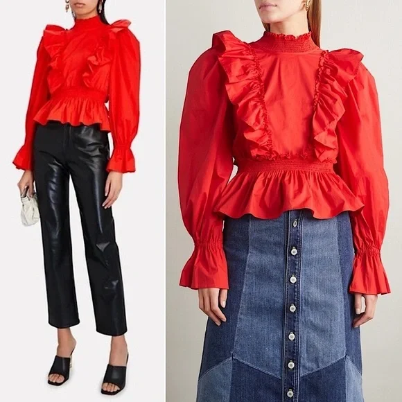 SEA NY Ruffled High Neck Puffed Long Sleeve Tied Open Back Cotton Peplum Top 8 - Picture 3 of 12